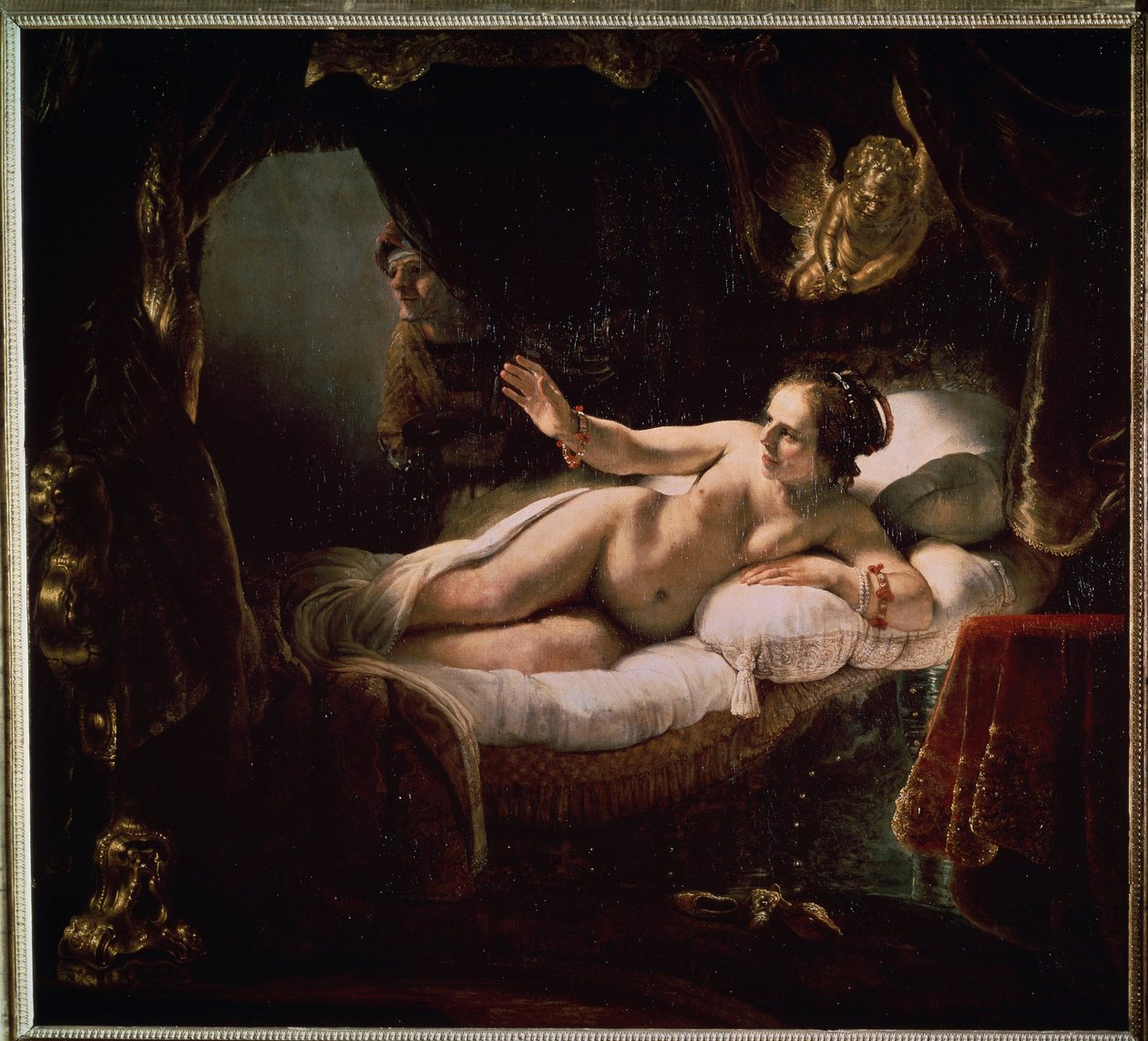 ""Danae"". Řecká mytologie: Zeus se představuje Danae v podobě spršky zlatých mincí, aby ji svedl. Obraz Harmenszoona van Rijna známý jako Rembrandt (1606-1669) od Rembrandt Harmensz. van Rijn