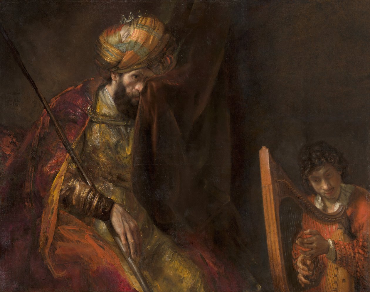 David hraje na harfu před Saulem od Rembrandt van Rijn