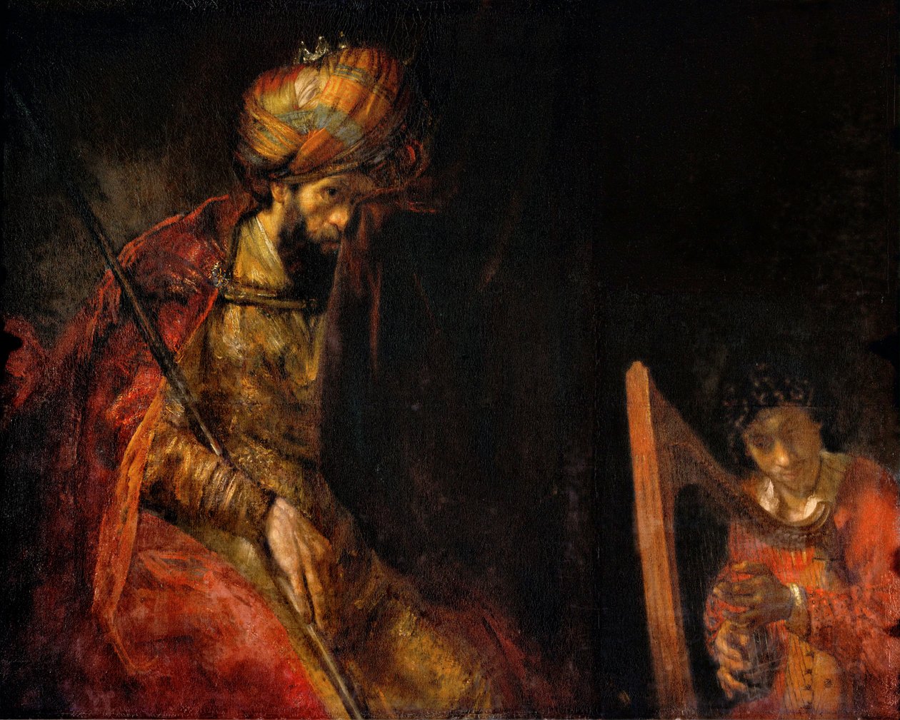 David hrající na harfu před Saulem (olej na plátně) od Rembrandt Harmensz. van Rijn