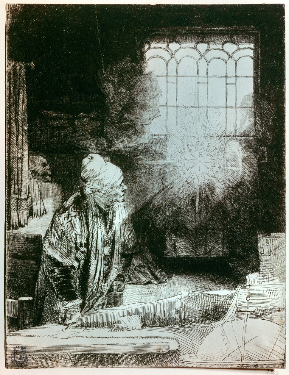 Dr. Faust ve své dílně Mědirytina od Rembrandta Harmensche van Rijna (1606 - 1669). Světelný kotouč, který se objeví před oknem, kopíruje nápis nalezeného kovového amuletu, jehož nepolapitelný význam by Rembru fascinoval od Rembrandt van Rijn