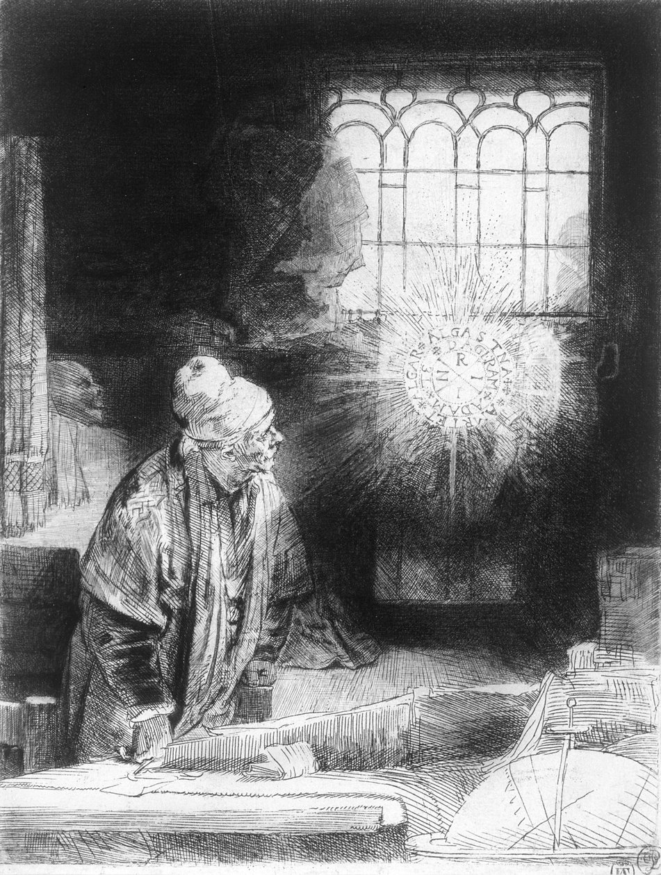 Dr Faustus ve své studii (rytina) od Rembrandt van Rijn
