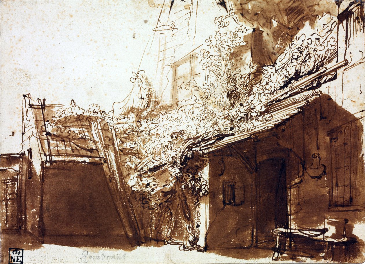Statek ve světle a stínu - Rembrandt van Rhijn (1606-1669) - 1635-1636 - Pero, štětec, hnědá barva na papíře - 16,2x22,5 cm - Szepmuveszeti Muzeum, Budapešť od Rembrandt Harmensz. van Rijn