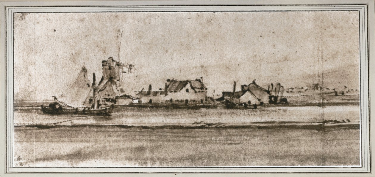 Malý mlýn, pohled z Amsteldijku (Pen and wash, bistre) od Rembrandt Harmensz. van Rijn