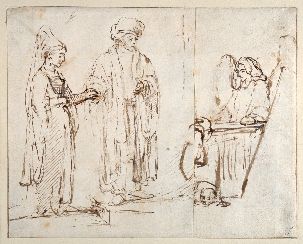 Laban přivádí Leu k Jákobovi, s Jacobem překrytým fragmentem jiné kresby; anděl se psem ležícím u jeho nohou od Rembrandt Harmensz. van Rijn