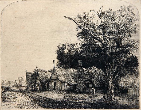 Krajina se třemi chýšemi (lept) od Rembrandt Harmensz. van Rijn