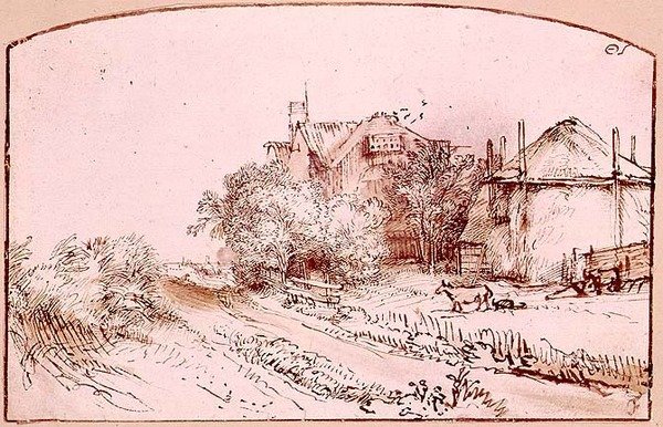 Krajina s chalupou a seníkem od Rembrandt Harmensz. van Rijn