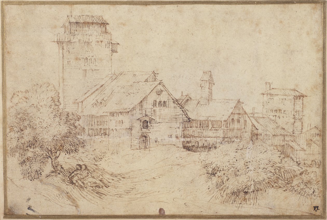 Krajina s budovami a milenci, objímající se, podle Tiziana (pero a hnědý inkoust s červenou křídou na papíře) od Rembrandt Harmensz. van Rijn