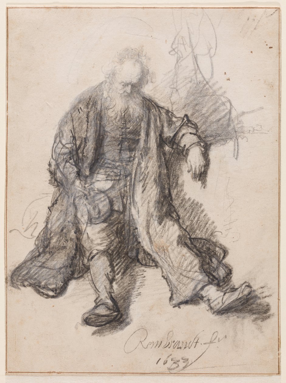Sedící starý muž (The Drunken Lot?), cca 1630-33 (pero, křída a inkoust na papíře) od Rembrandt Harmensz. van Rijn