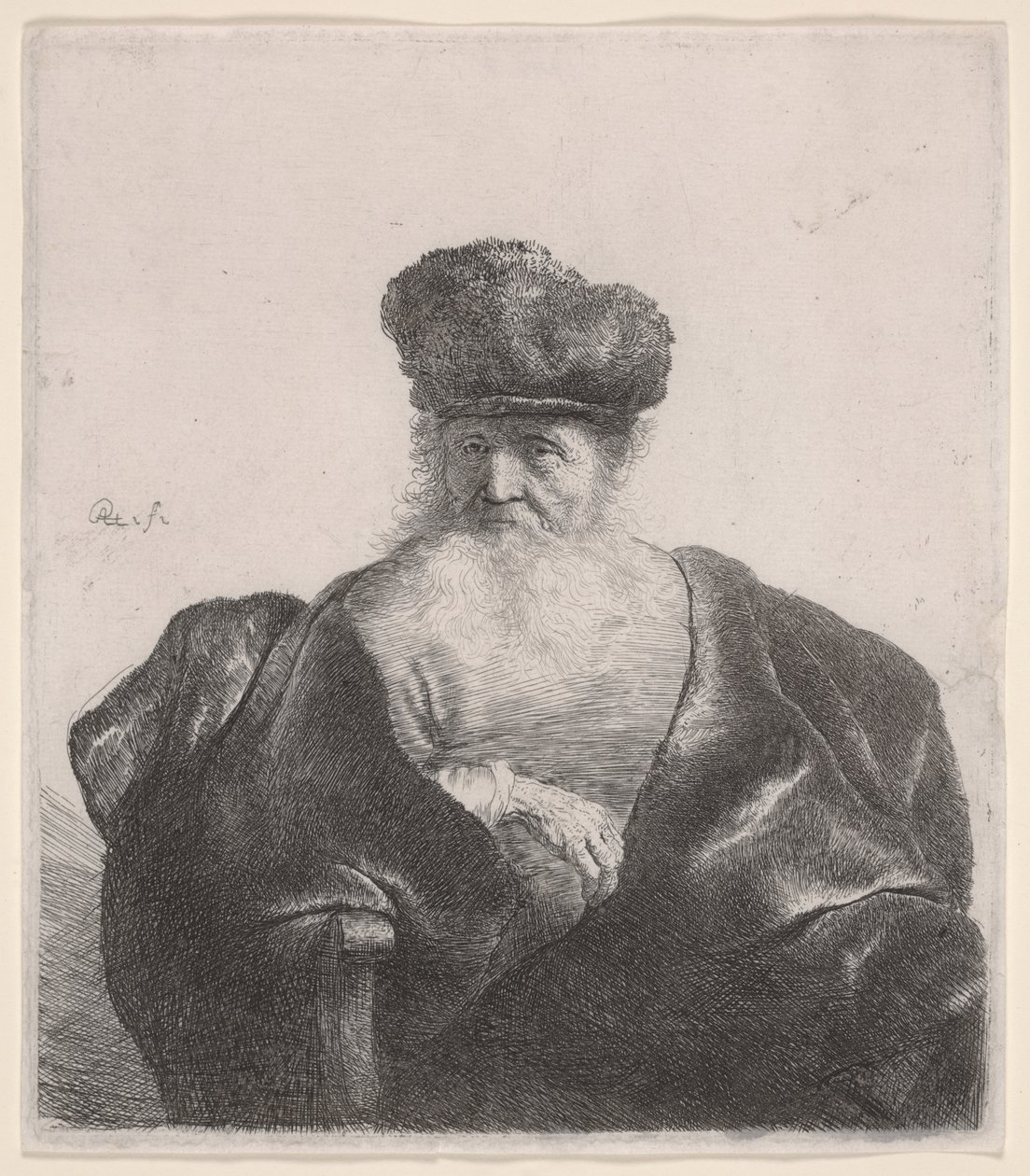 Starý muž s vlajícími vousy, kožešinovou čepicí a sametovým pláštěm, kolem 1632 (lept) od Rembrandt van Rijn