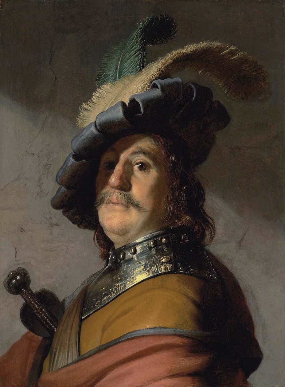 Portrét muže s náprsníkem a opeřeným baretem - obraz Rembrandta van Rijna (1606-1669) od Rembrandt Harmensz. van Rijn
