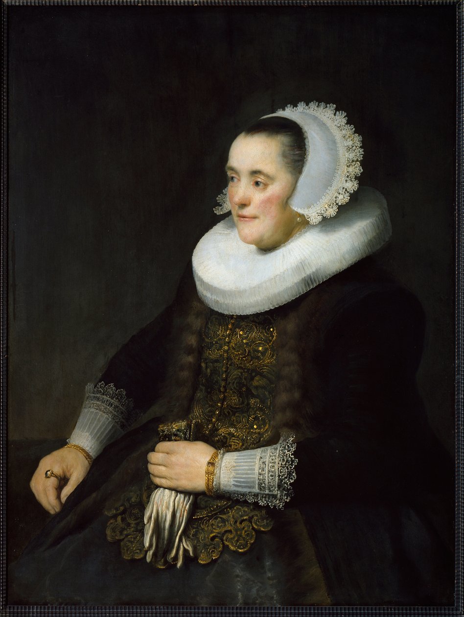 Portrét nizozemské buržoazní ženy s límcem a čelenkou. (Malování od Rembrandt van Rijn