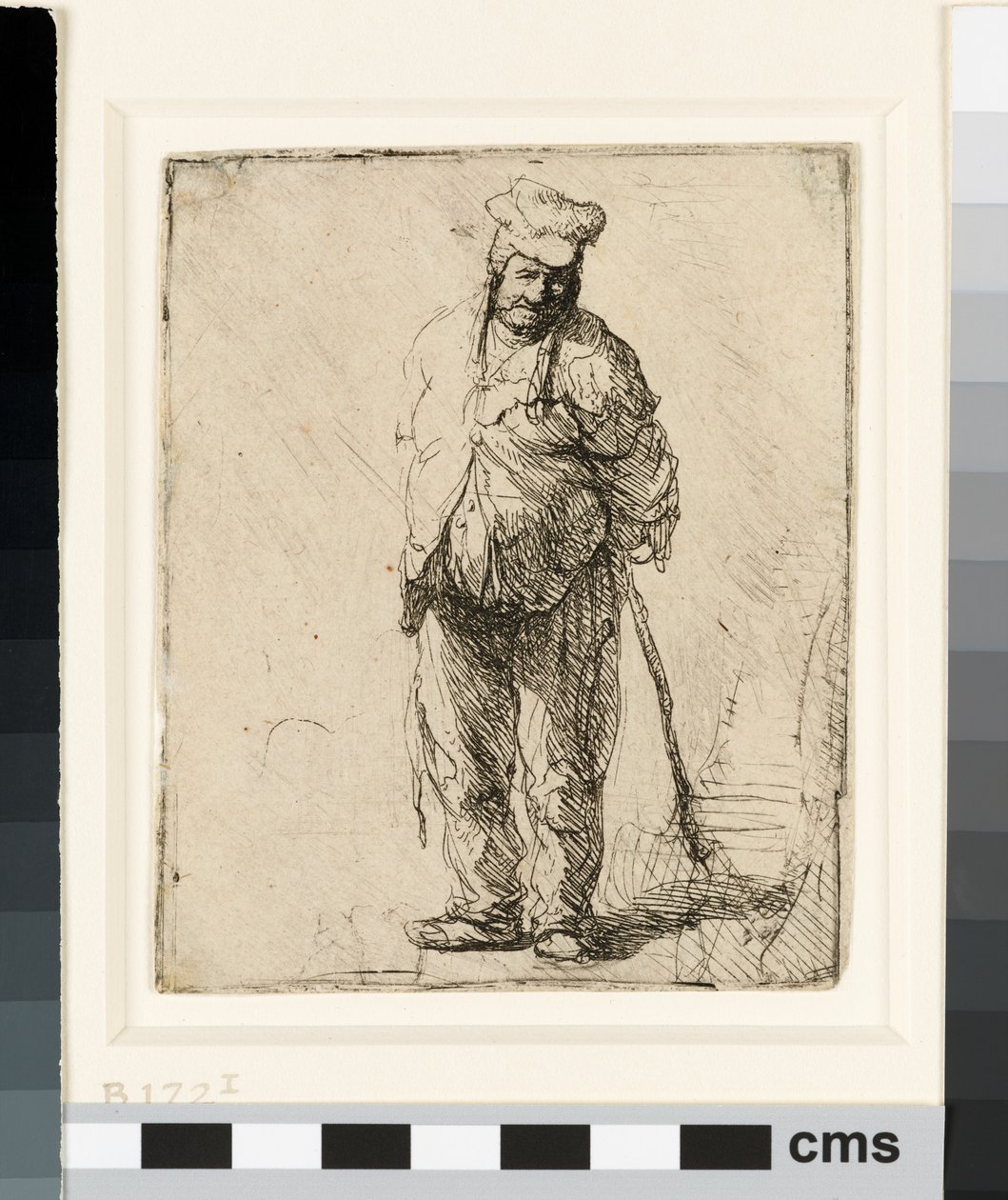 Otrhaný rolník s rukama za zády, držící hůl, kolem 1630 (lept) od Rembrandt van Rijn
