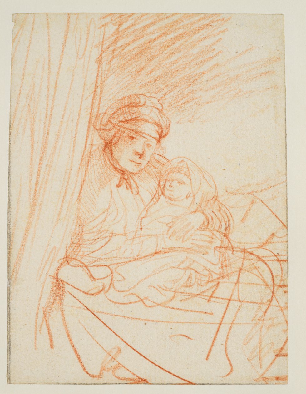 Saskia sedí v posteli a drží dítě, circa 1635 od Rembrandt van Rijn