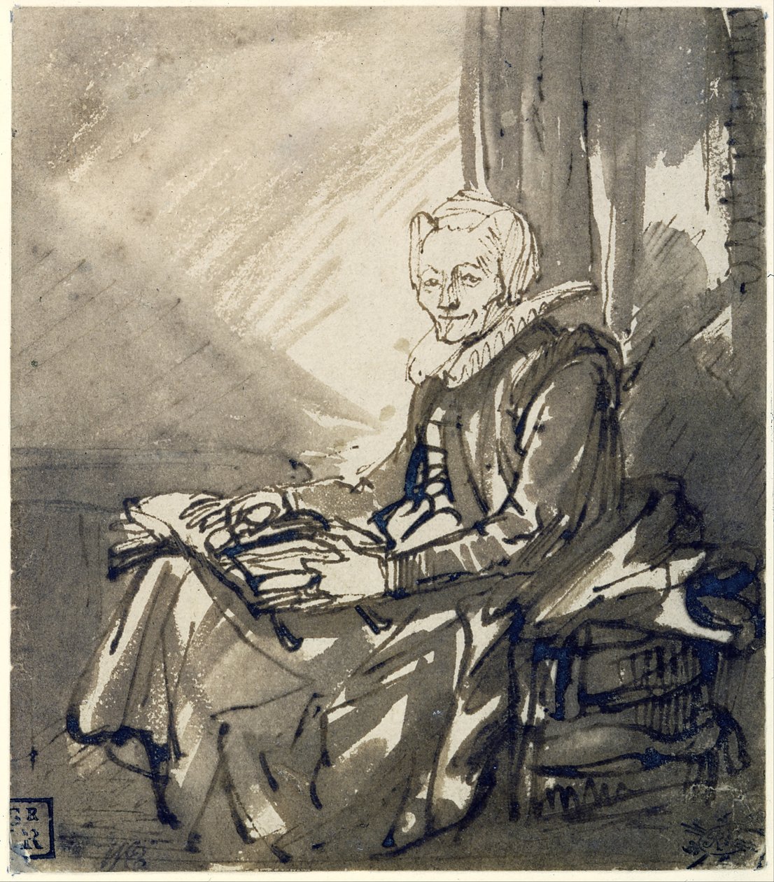 Sedící žena s otevřenou knihou na klíně, kolem roku 1639 (pero, hnědá tuš a hnědý wash) od Rembrandt Harmensz. van Rijn