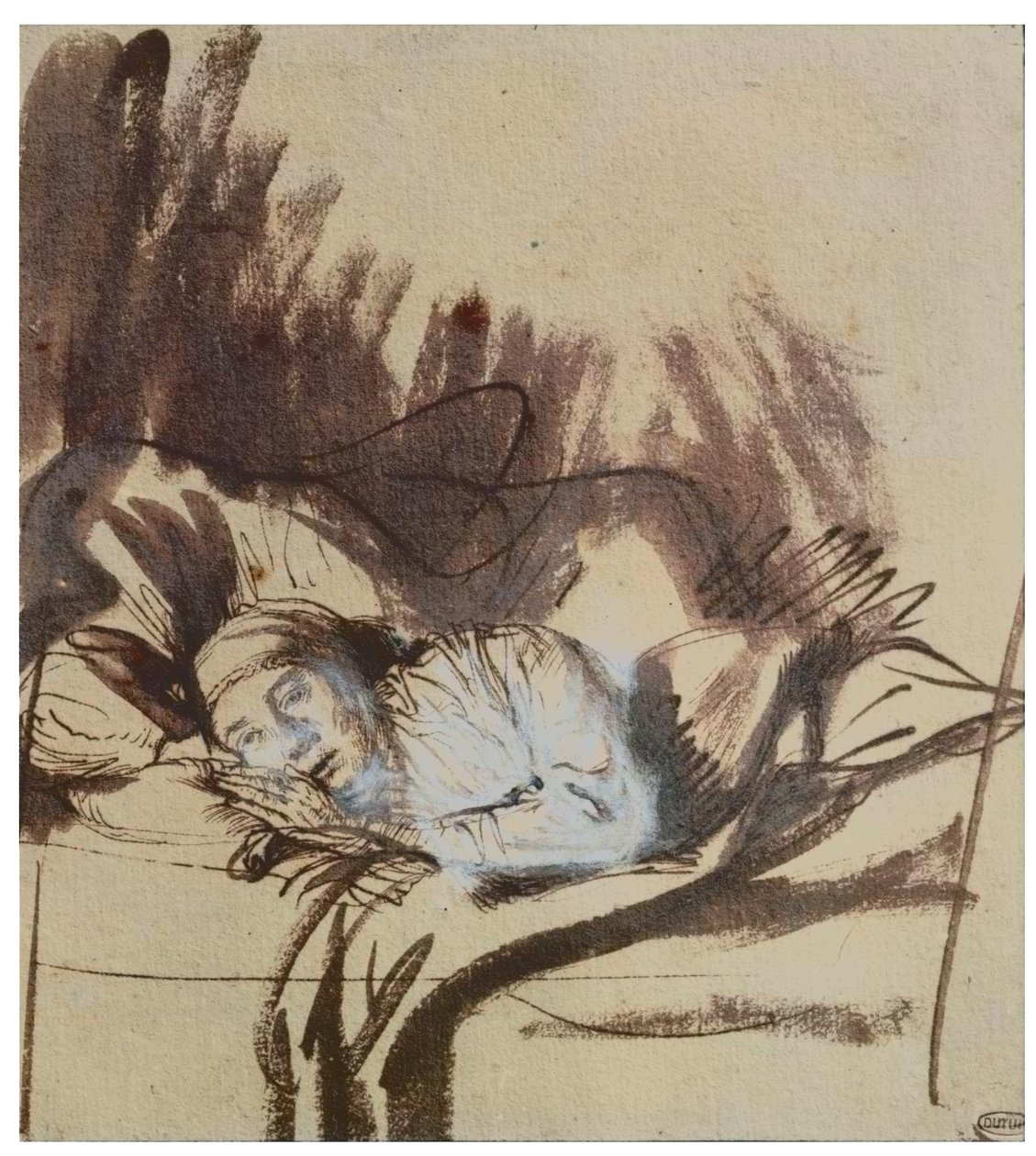 Nemocná žena v posteli, možná Saskia, manželka malíře od Rembrandt Harmensz. van Rijn
