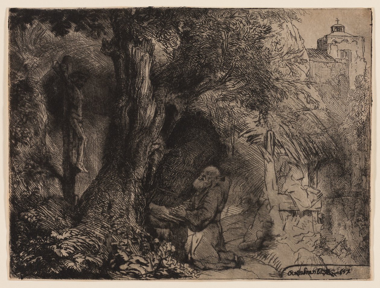 Svatý František se modlí pod stromem od Rembrandt Harmensz. van Rijn