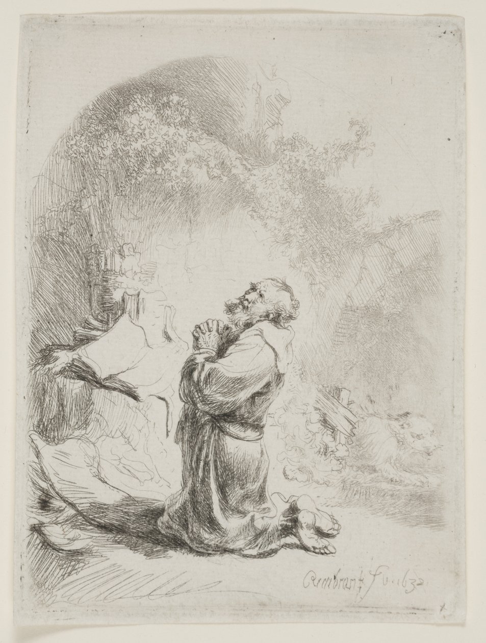 Svatý Jeroným se modlí: Obloukový tisk od Rembrandt van Rijn