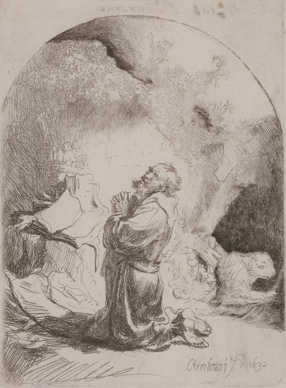 Svatý Jeroným se modlí: Obloukový tisk od Rembrandt van Rijn