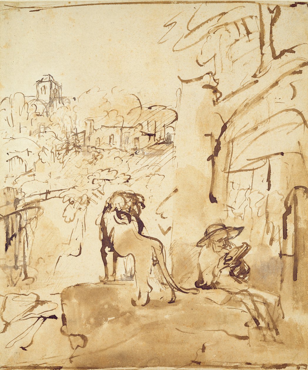 Svatý Jeroným čte v krajině (pero a pero na papíře) od Rembrandt van Rijn