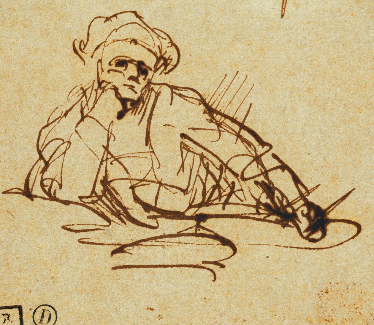 Studie spisovatele, sedícího, pozastavující se v myšlenkách, od Rembrandt van Rijn