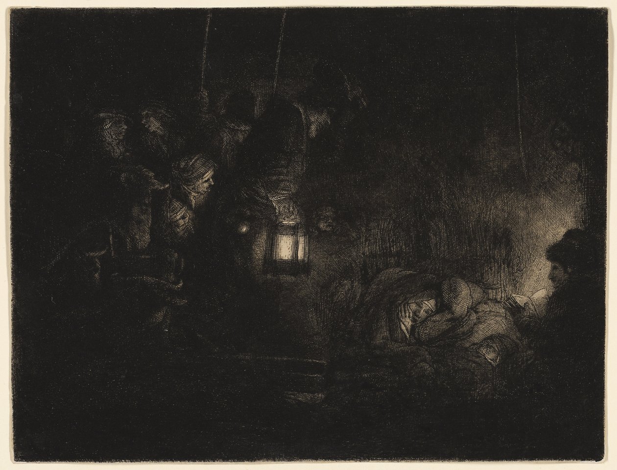 The Adoration of the Shepherds: A Night Piece, c.1657 (lept, suchá jehla a rytina v černém na slonovinovém papíře) od Rembrandt Harmensz. van Rijn