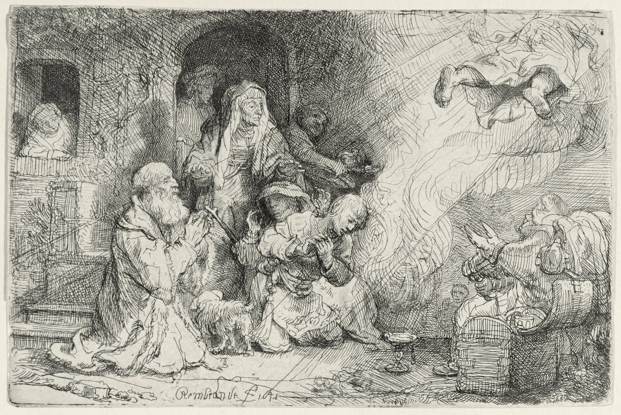 Anděl odcházející od Tobiášovy rodiny (pero a inkoust na papíře) od Rembrandt van Rijn