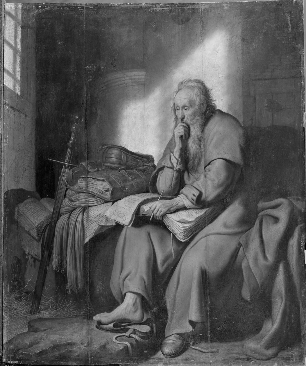 Apoštol Pavel ve vězení (olej na plátně) (černobílá fotografie) od Rembrandt van Rijn