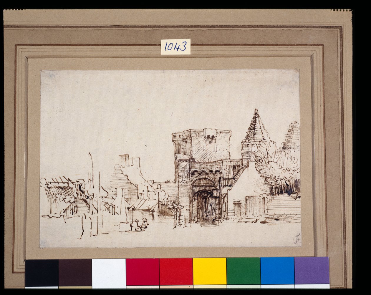 Rijnpoort v Rhenen v Gelderlandu, kolem roku 1649 (rákosové pero a inkoust s perem na papíře) od Rembrandt Harmensz. van Rijn