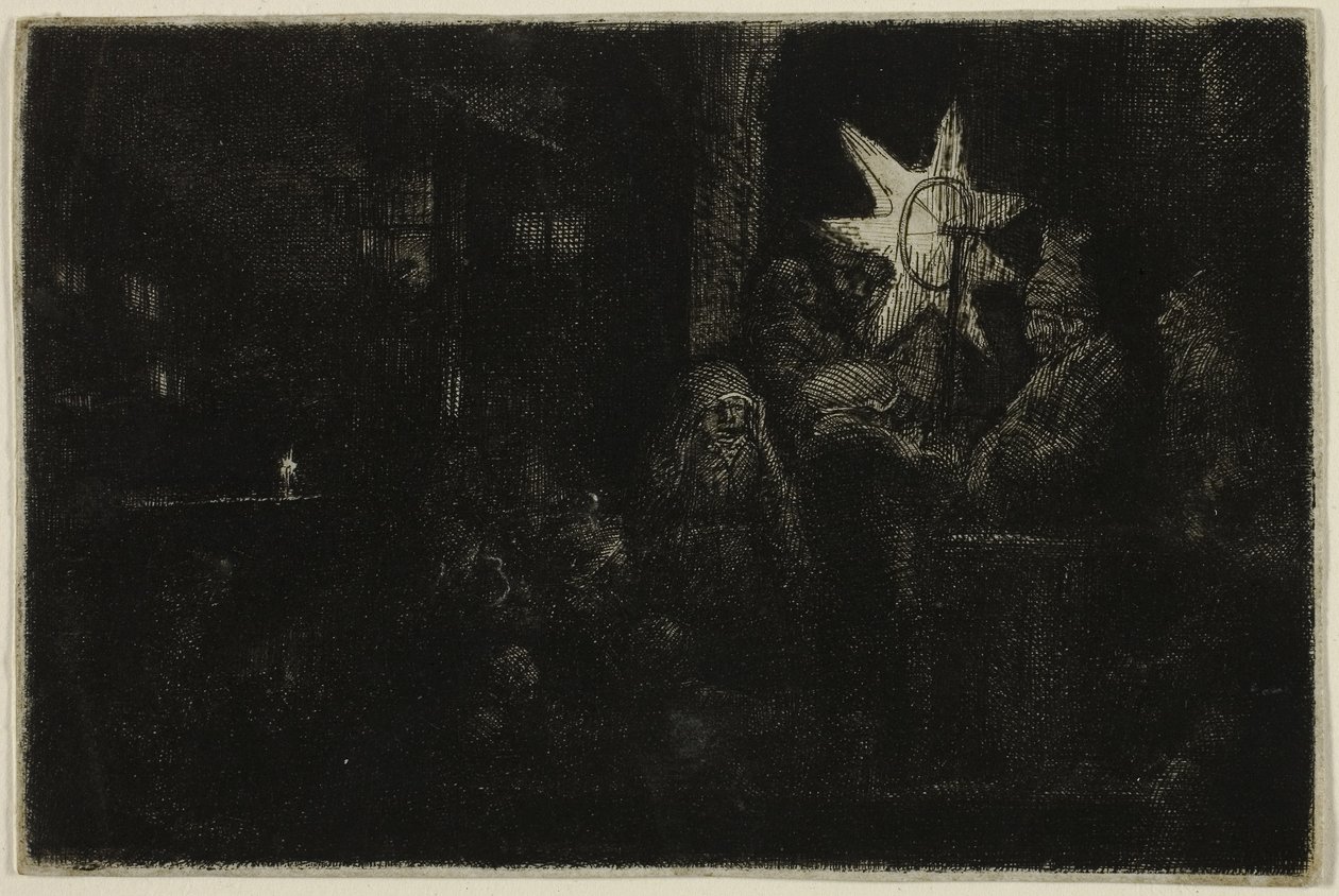 The Star of the Kings: A Night Piece, cca 1651 (lept, suchá jehla a rytina na slonovinově položený papír) od Rembrandt Harmensz. van Rijn