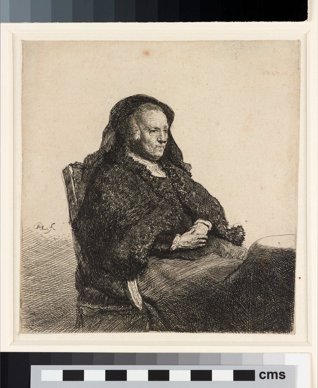 Umělcova matka sedící u stolu, kolem roku 1631 (lept) od Rembrandt van Rijn