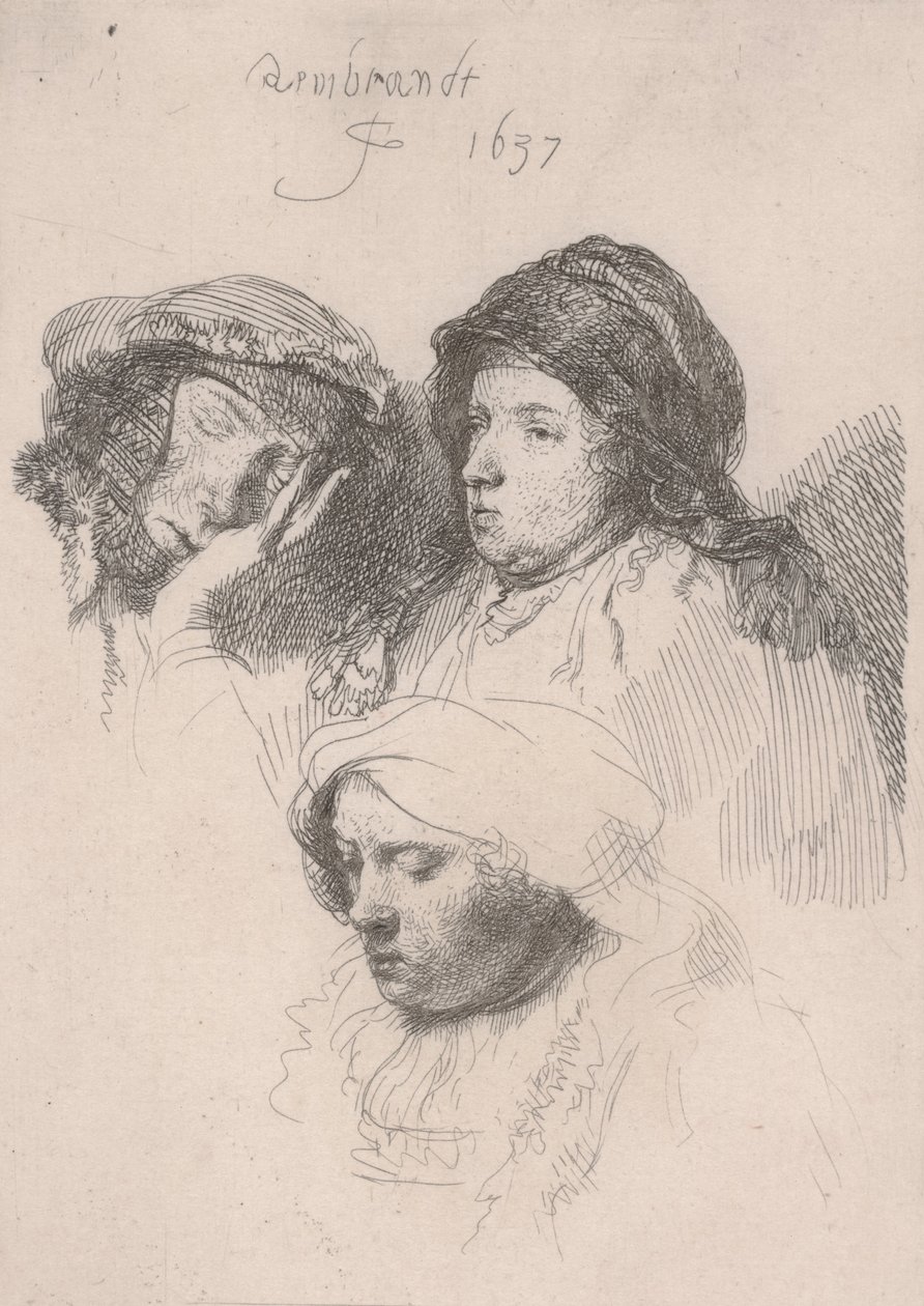 Tři hlavy žen, jedna spí od Rembrandt van Rijn