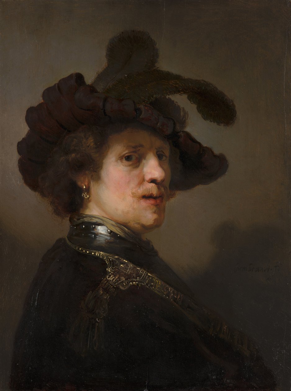 Tronie muže s opeřeným baretem, kolem 1635-40 (olej na desce) od Rembrandt van Rijn