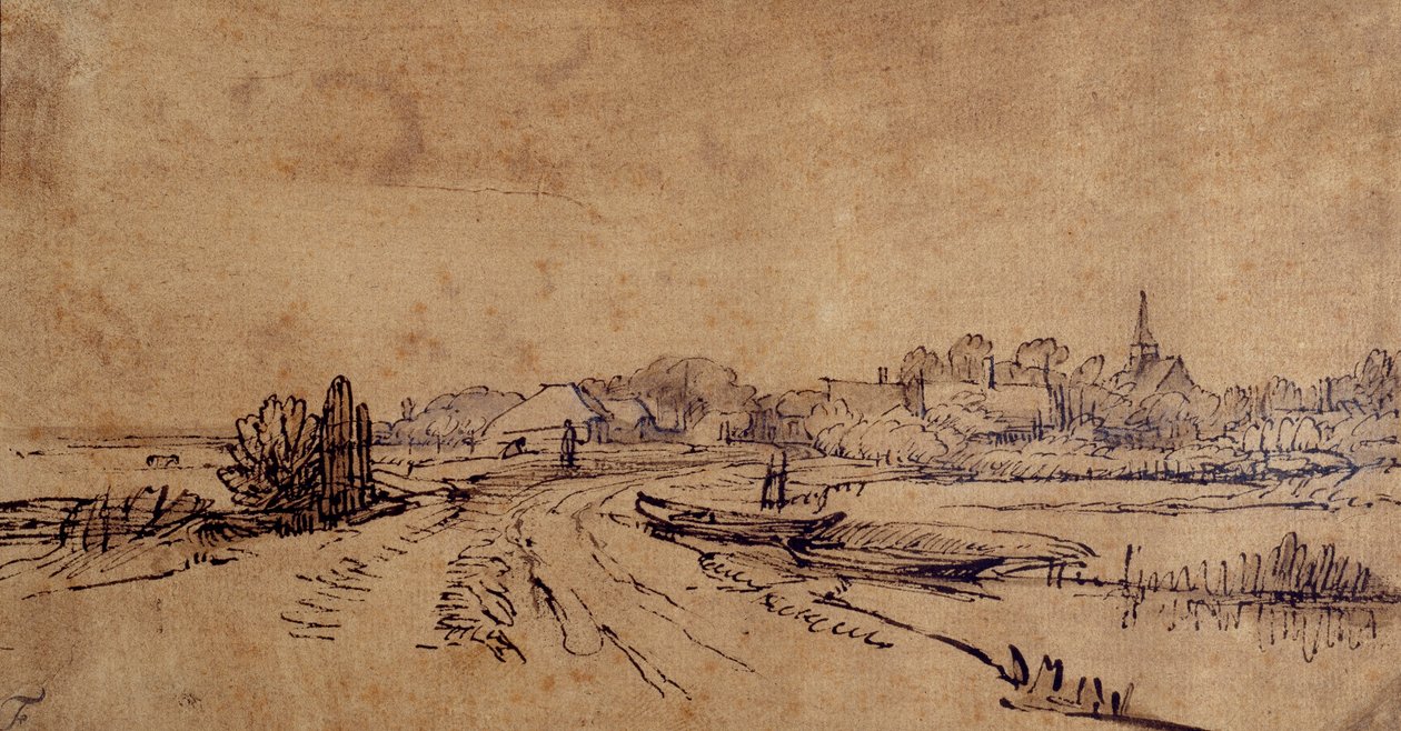 Pohled na Sloten, cca 1650 (pero a inkoust s hnědým praním na papíře) od Rembrandt Harmensz. van Rijn