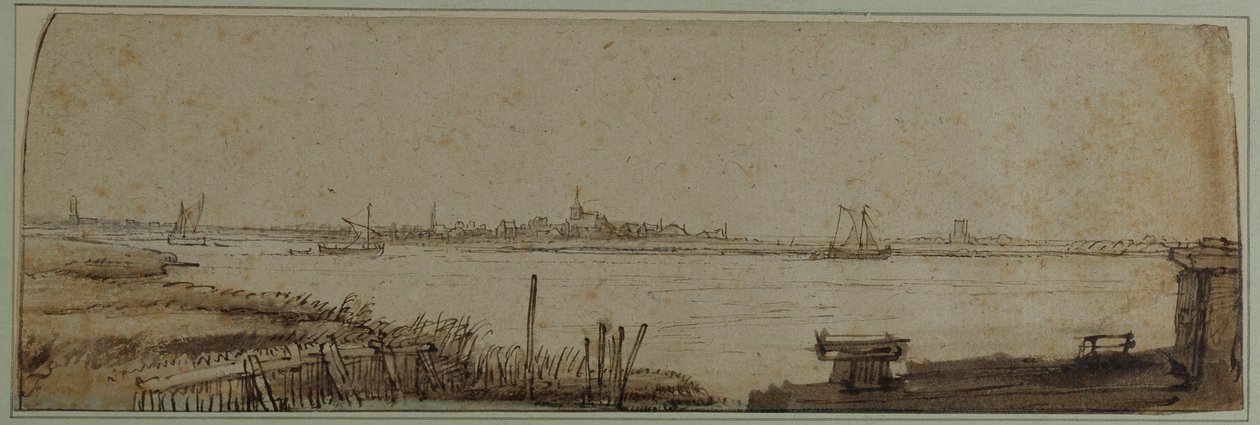 Pohled na řeku IJ z Diemerdijku, cca 1650 (pero a inkoust s hnědým lavírováním a bílou barvou na papíře) od Rembrandt Harmensz. van Rijn