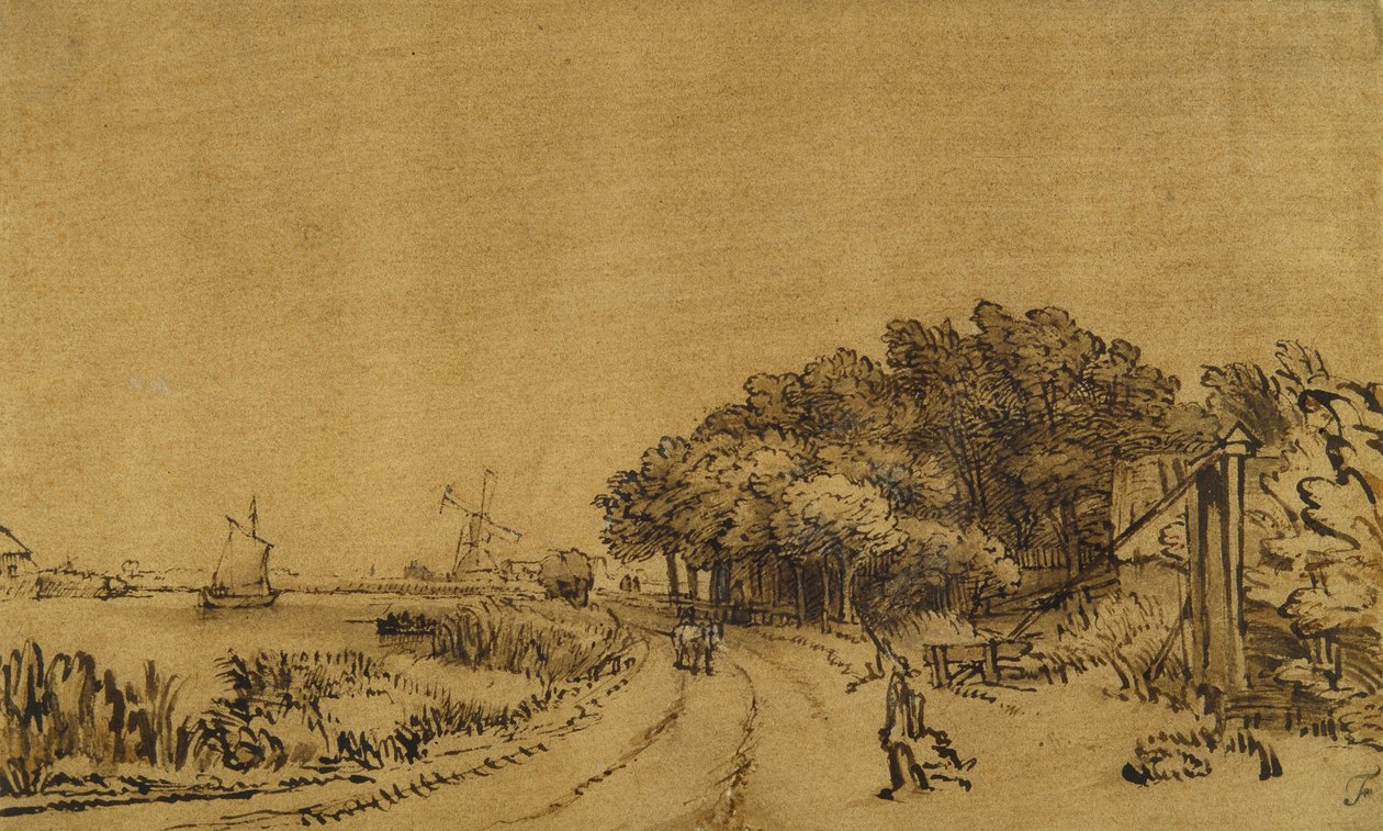 Pohled na Amstel: cesta po Amsteldijku vedoucí do Trompenburgu, kolem 1649-50 (pero a inkoust s hnědým lazurem a bílá barva na papíře) od Rembrandt Harmensz. van Rijn