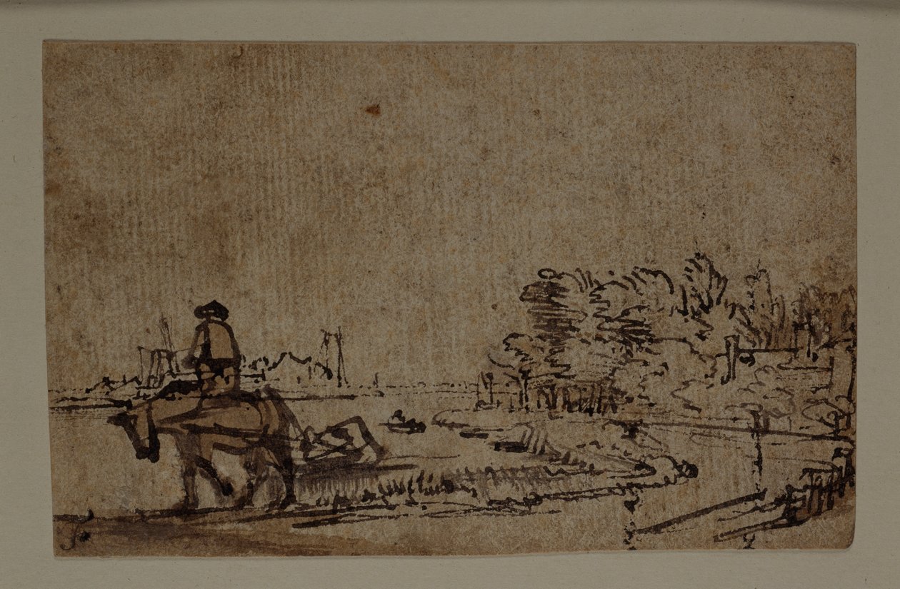 Pohled na Amstel, s koněm tahajícím člun, cca 1650 (pero a inkoust s hnědým praním na papíře) od Rembrandt Harmensz. van Rijn