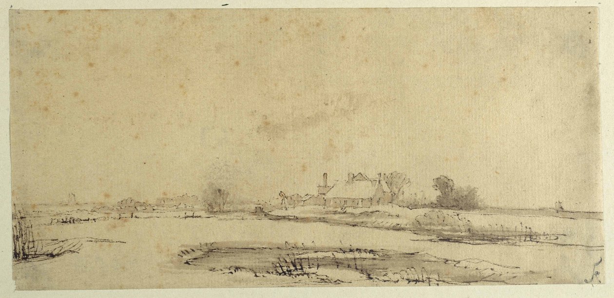 Voda, louky a farma (pero a inkoust na papíře) od Rembrandt Harmensz. van Rijn