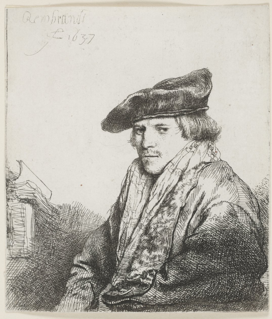 Mladý muž v sametové čepici s knihami vedle sebe od Rembrandt van Rijn