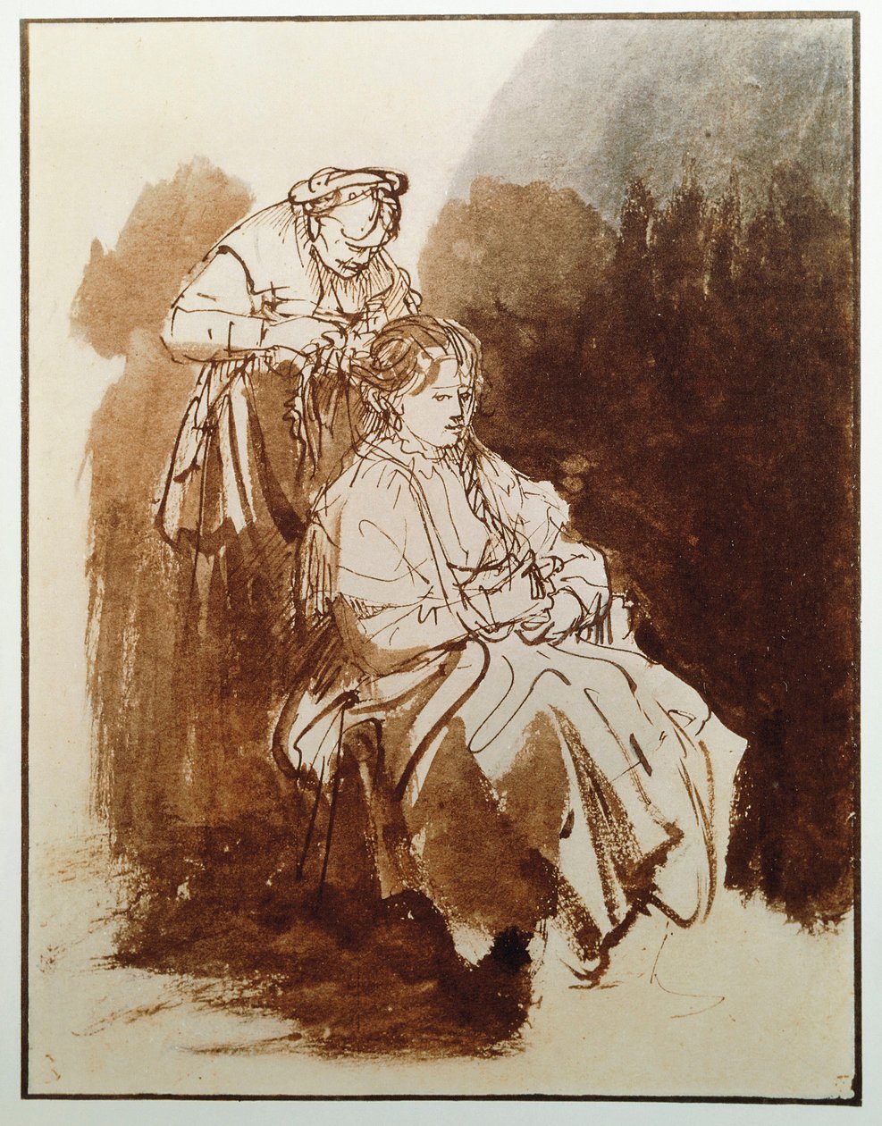 Mladá žena na její toaletě. Vlasy staré panny. (Kresba tuší, cca 1635) od Rembrandt van Rijn