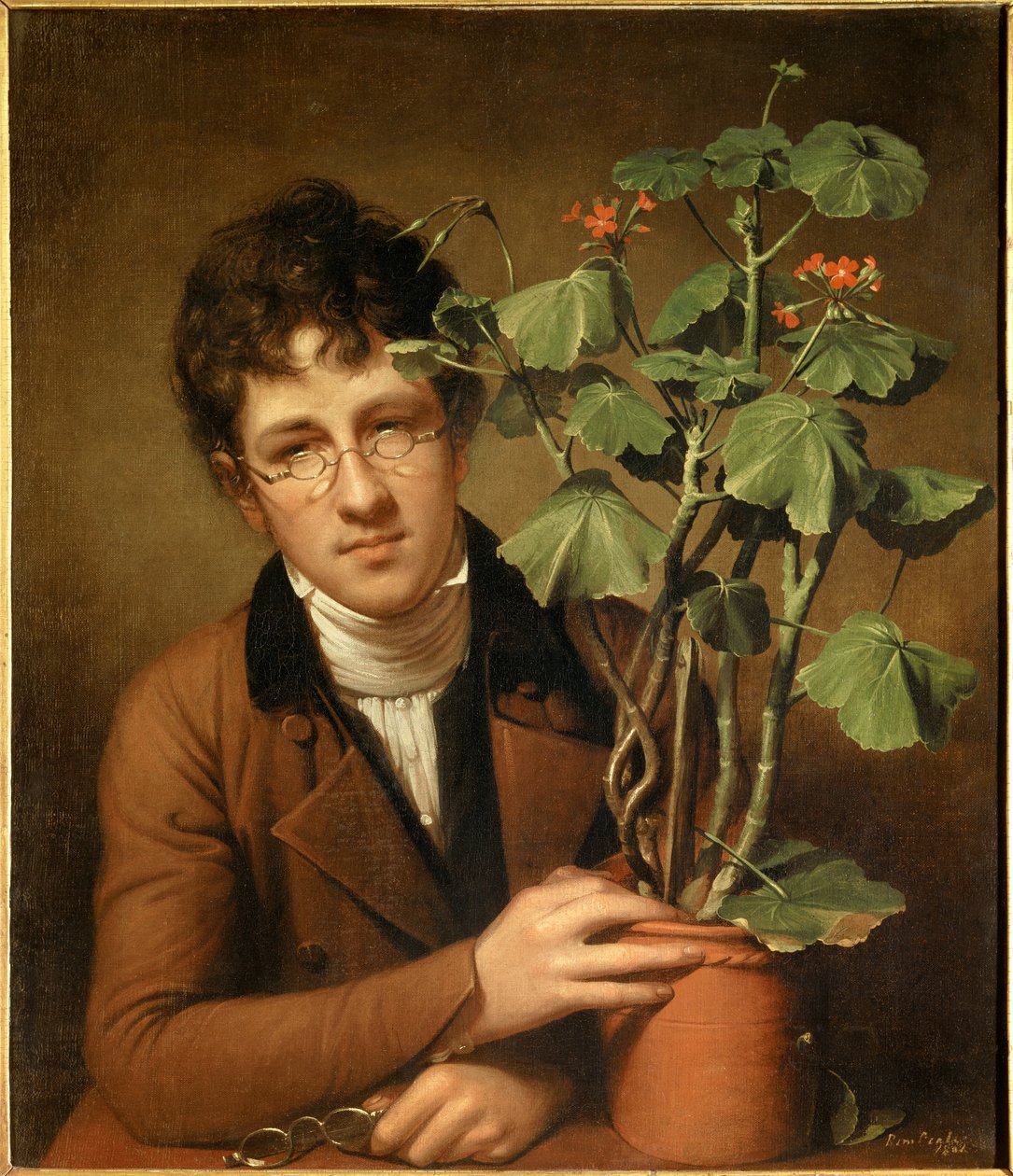 Portrét malíře Rubense Peale (1784-1864) u pelargónie Obraz Rembrandta Pealea (1778-1860) (amer.) 1801 Collection privee - Portrét malíře Rubense Pealea (1784-1864) s muškátem - Obraz od Rembrandt Peale (1778-1860), olej na od Rembrandt Peale