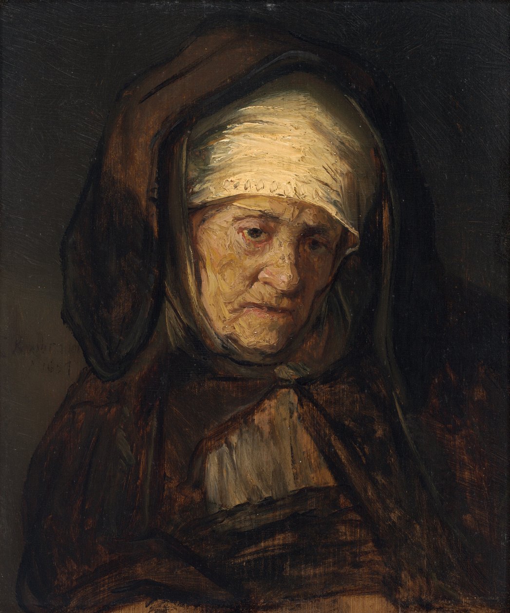 Hlava staré ženy od Rembrandt Workshop