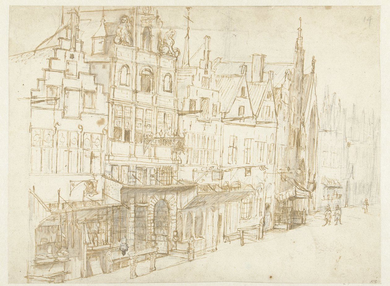 Pohled na řadu domů ve městě od Rembrandt van Rijn (school of)