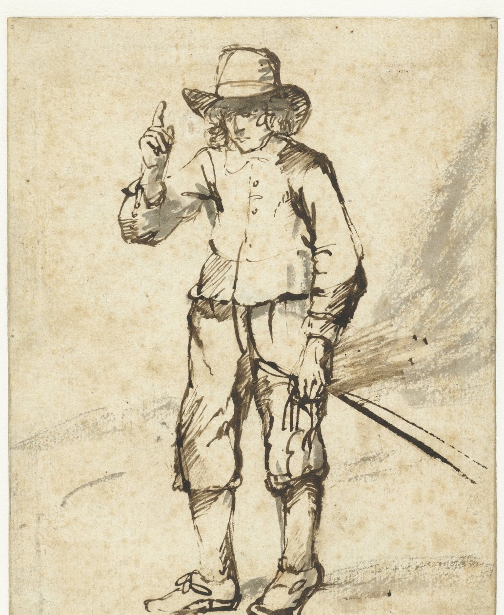 Stojící chlapec drží bič a zvedá pravou ruku od Rembrandt van Rijn (school of)