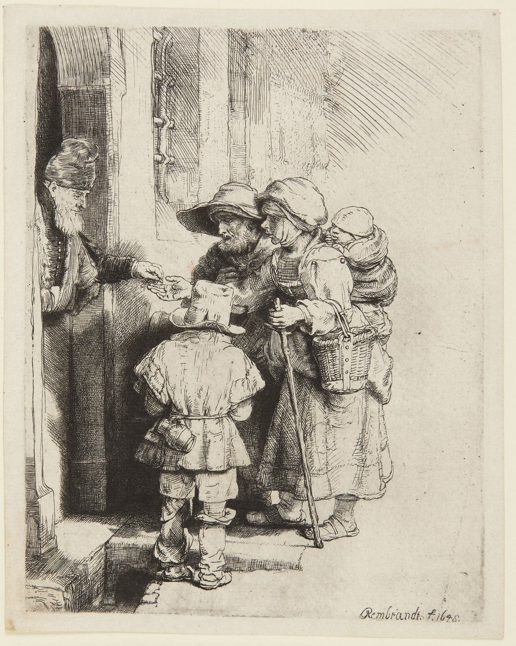 Slepý hráč na niněru a jeho rodina přijímající almužnu od Rembrandt van Rijn