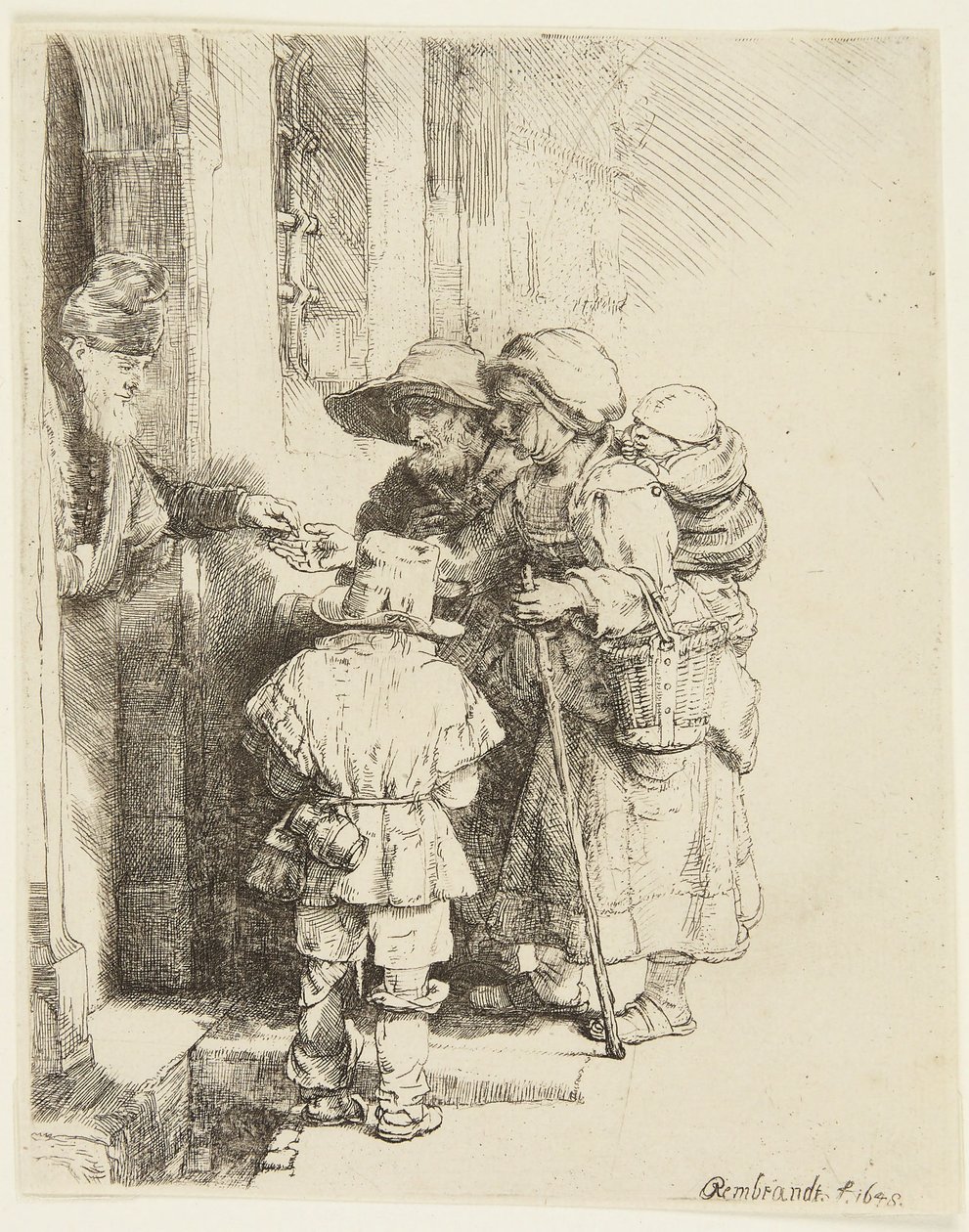 Slepý hráč na niněru a jeho rodina přijímající almužnu od Rembrandt van Rijn