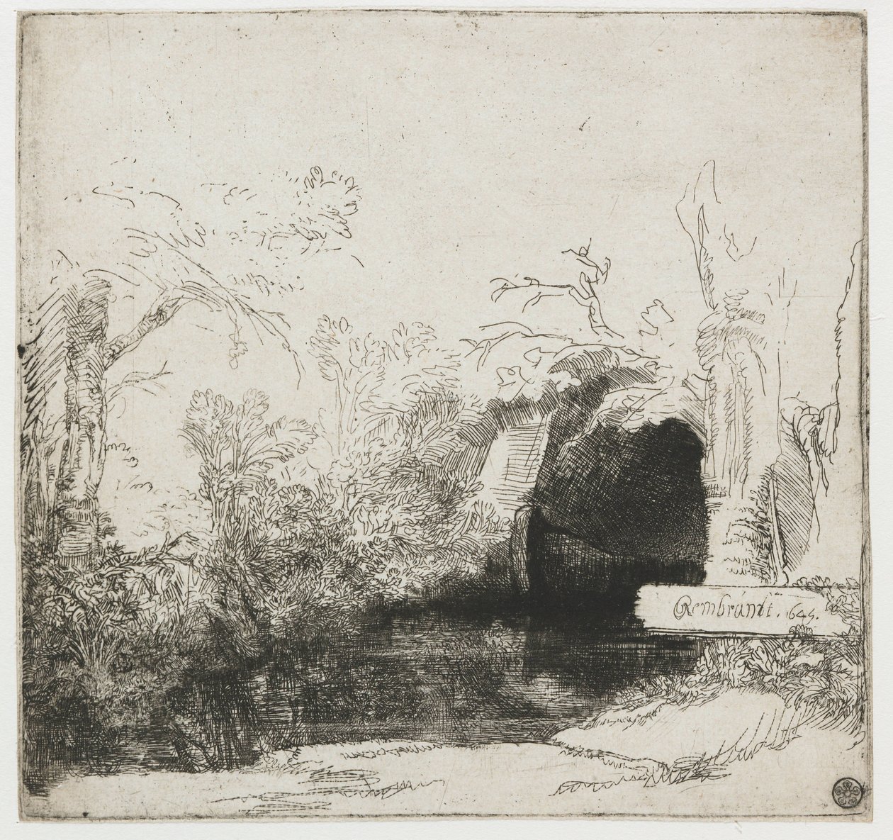 Potok s jeskyní a lodí („Het spelonkje“) Potok s jeskyní a lodí od Rembrandt van Rijn