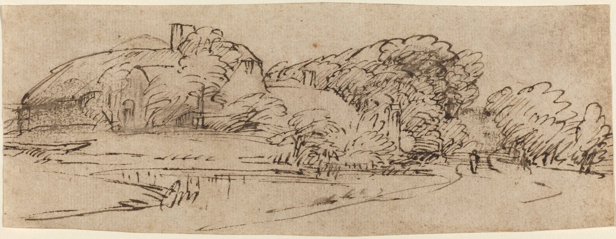 Krajina s hospodářskými budovami mezi stromy od Rembrandt van Rijn