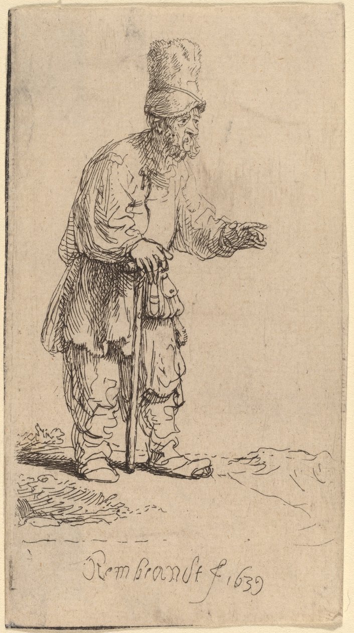 Rolník ve vysoké čepici, stojící opřený o hůl od Rembrandt van Rijn