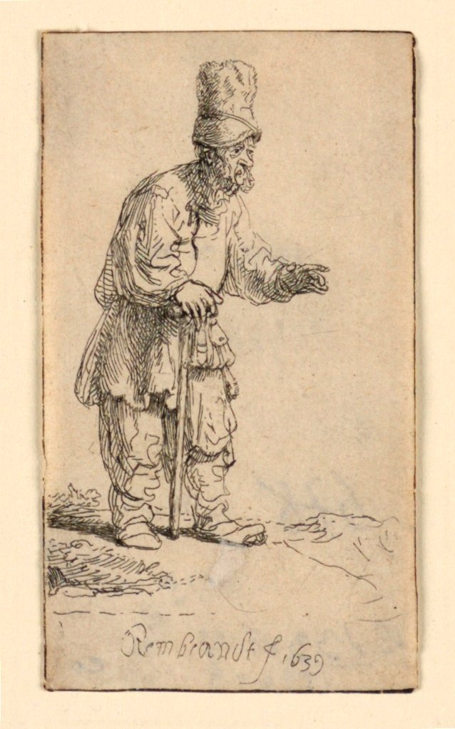 Rolník ve vysoké čepici, stojící opřený o hůl od Rembrandt van Rijn