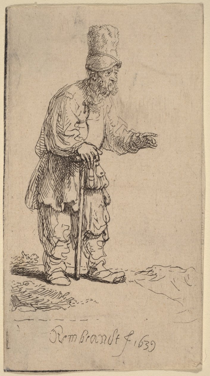 Rolník v čepici s vysokým kšiltem, stojící a opírající se o hůl od Rembrandt van Rijn